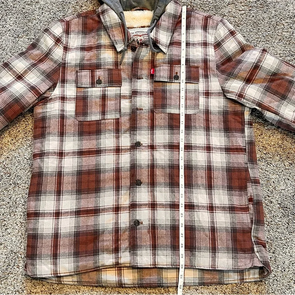 Levi's® Sherpa Lined Brown Ombre Plaid Shirt Jacket Jersey Hoodie Men’s L NEW - Picture 15 of 16